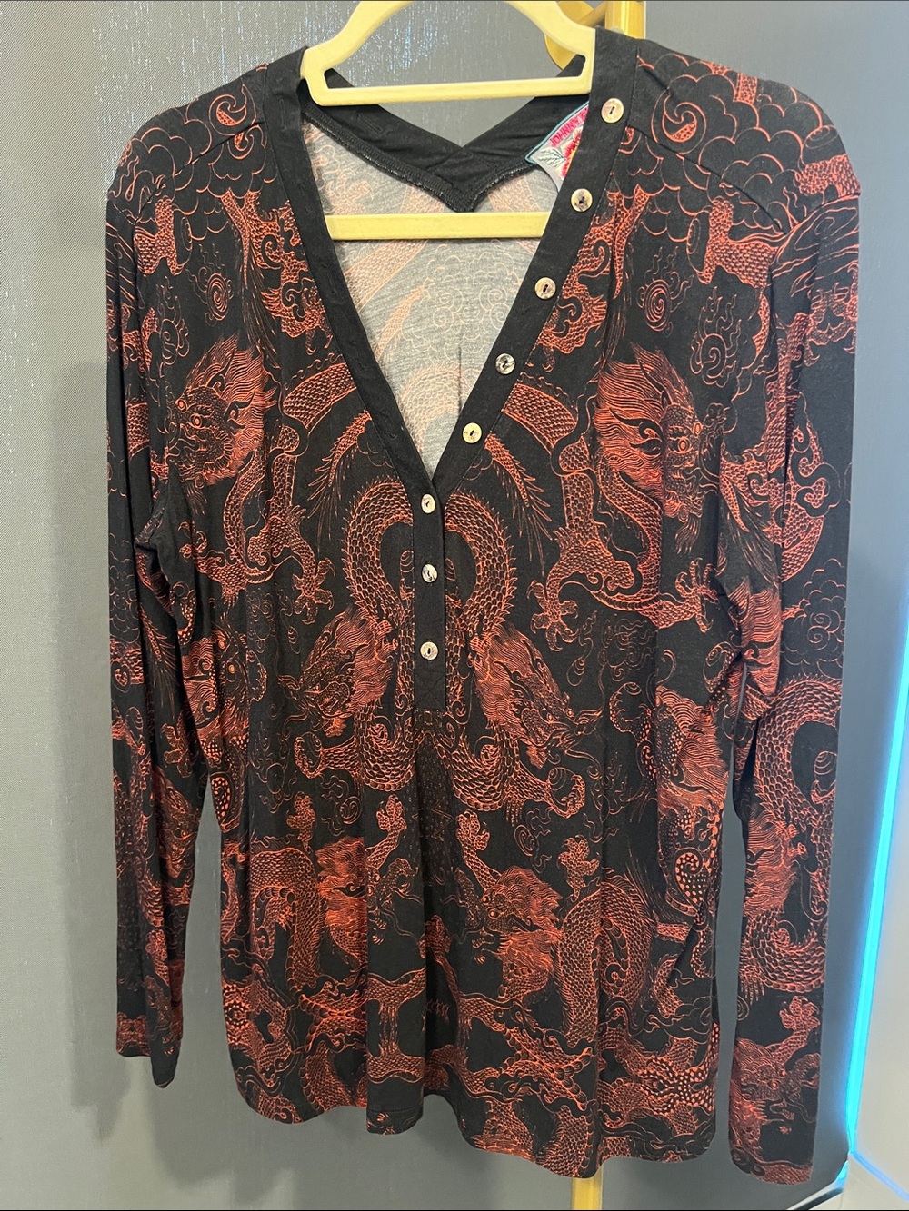 Johnny Was Black Shirt with Red-Orange Dragon Print
